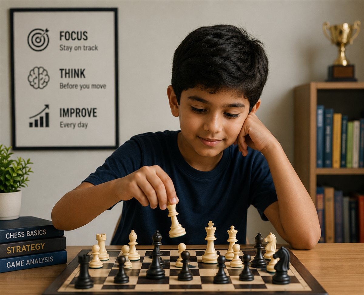 A smiling child learning chess at home