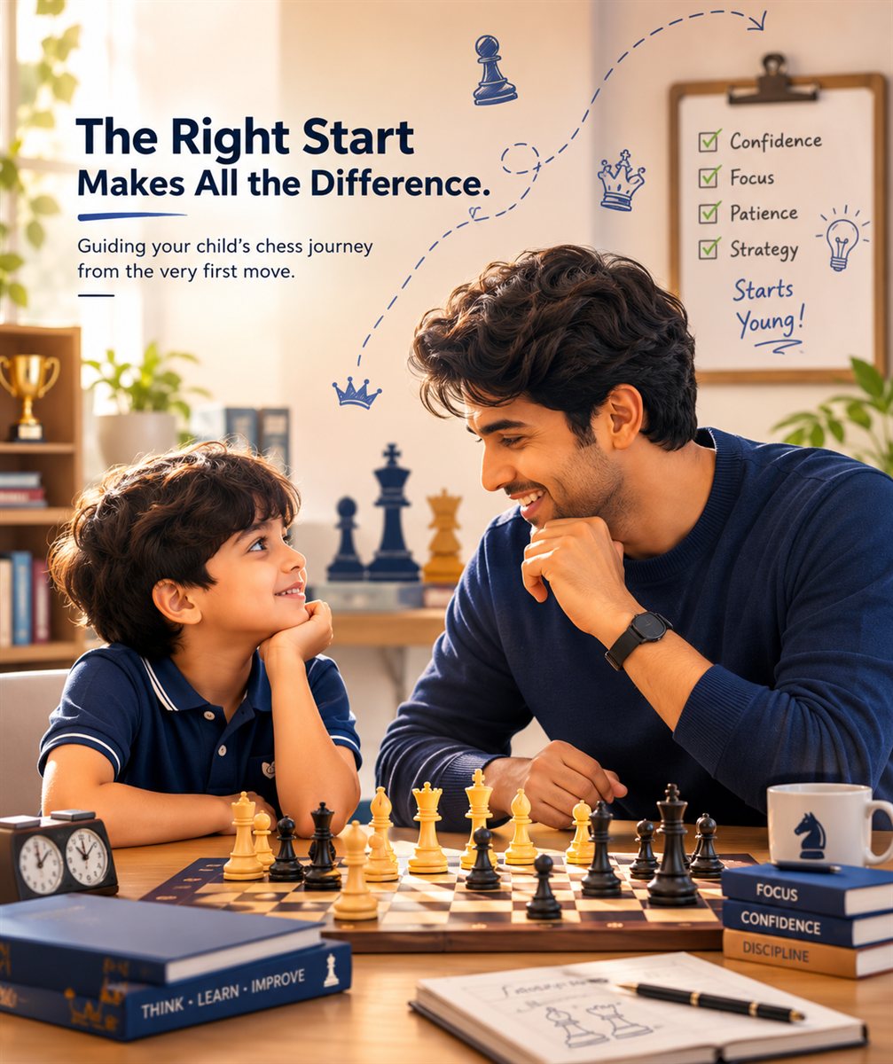 A parent guiding a young child through their first chess moves
