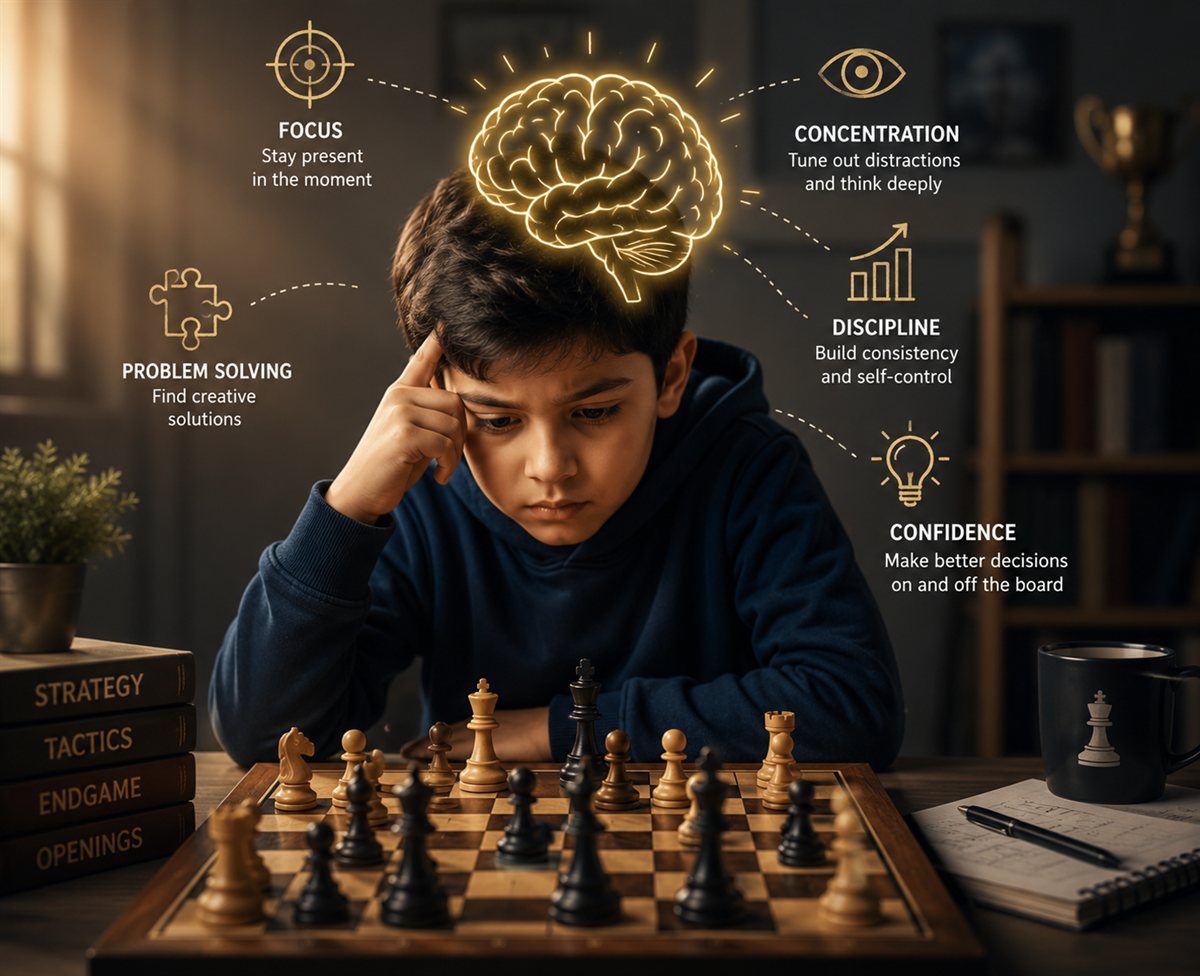 A young chess player concentrating intently over the board