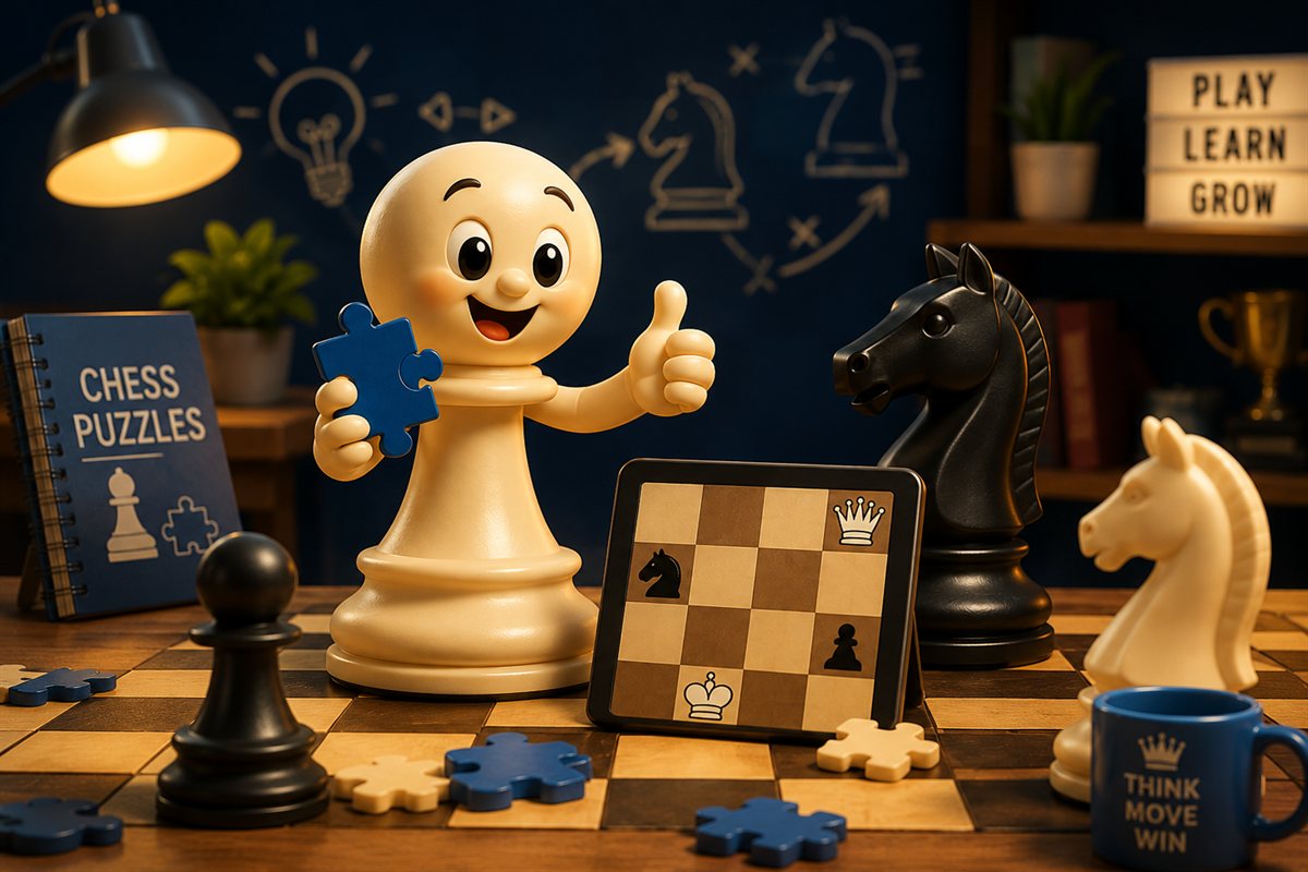A playful chess scene with jigsaw puzzle pieces and a Chess Puzzles book