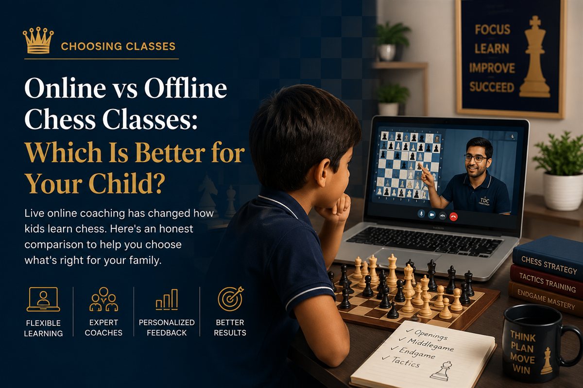 A child taking a live online chess lesson with a coach on a laptop