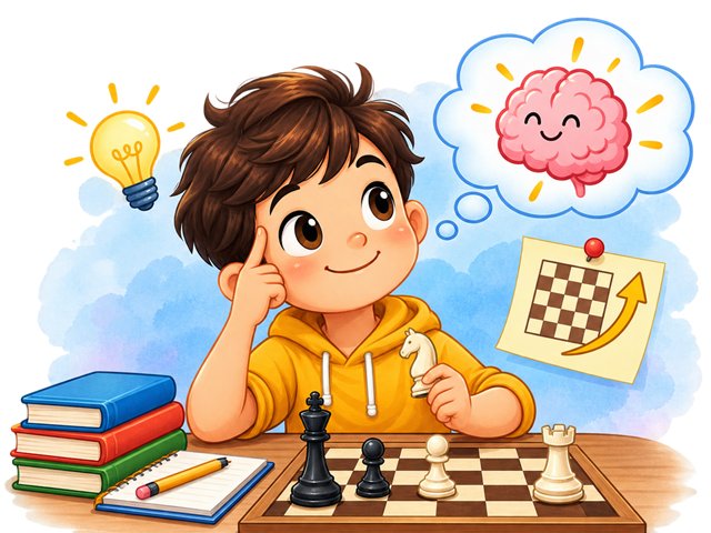 A school-age student deep in thought during a chess game